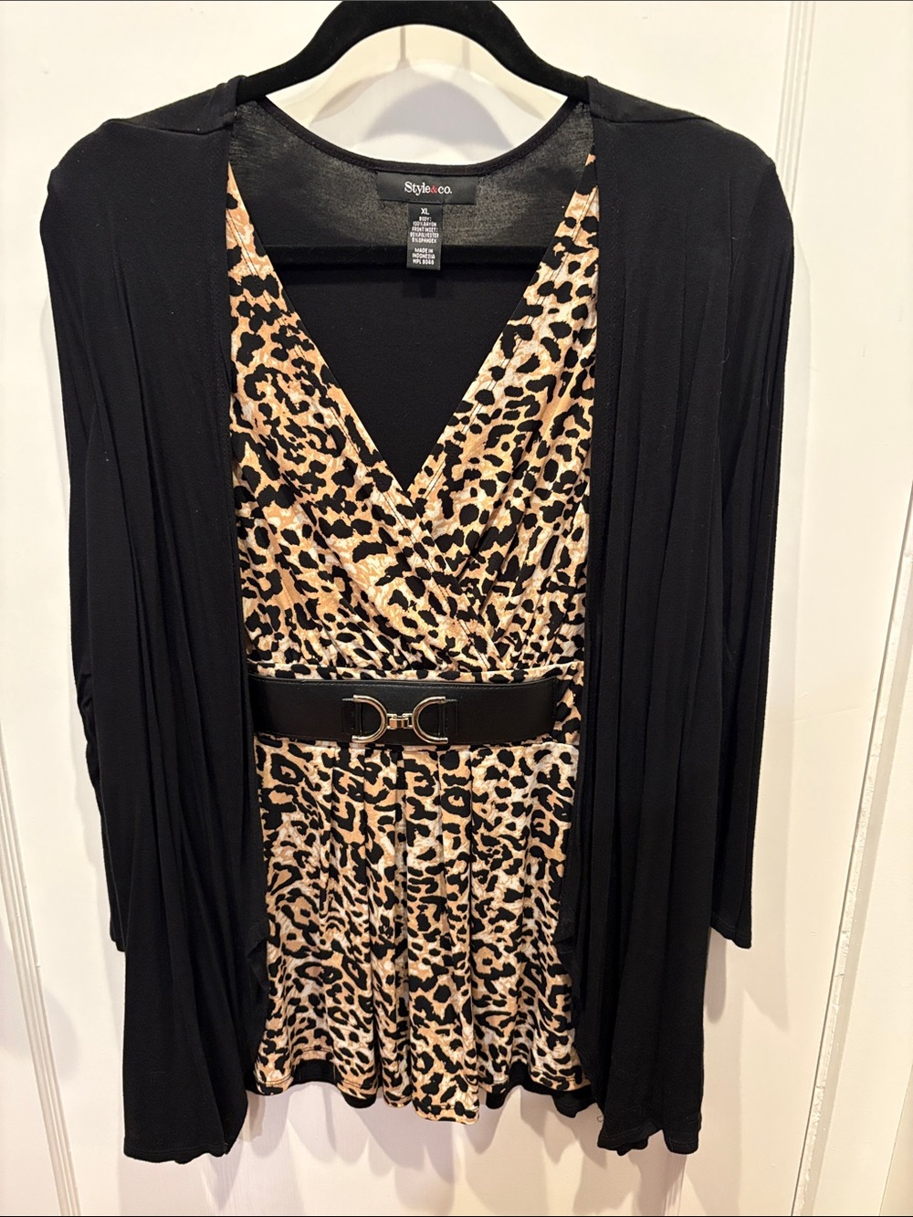 Style & Co. Black Open-Front Cardigan with Leopard Print Tunic BN512